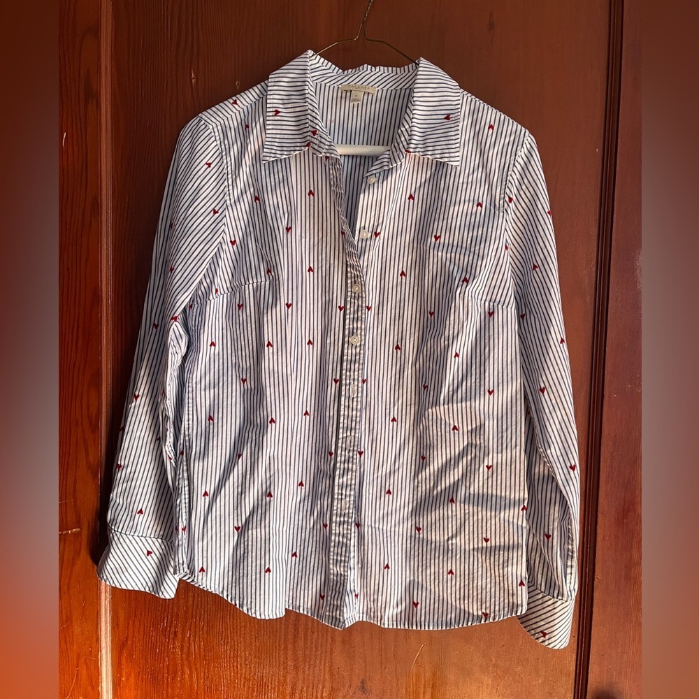 Talbots Women’s Blue Striped Shirt with Red Heart Details